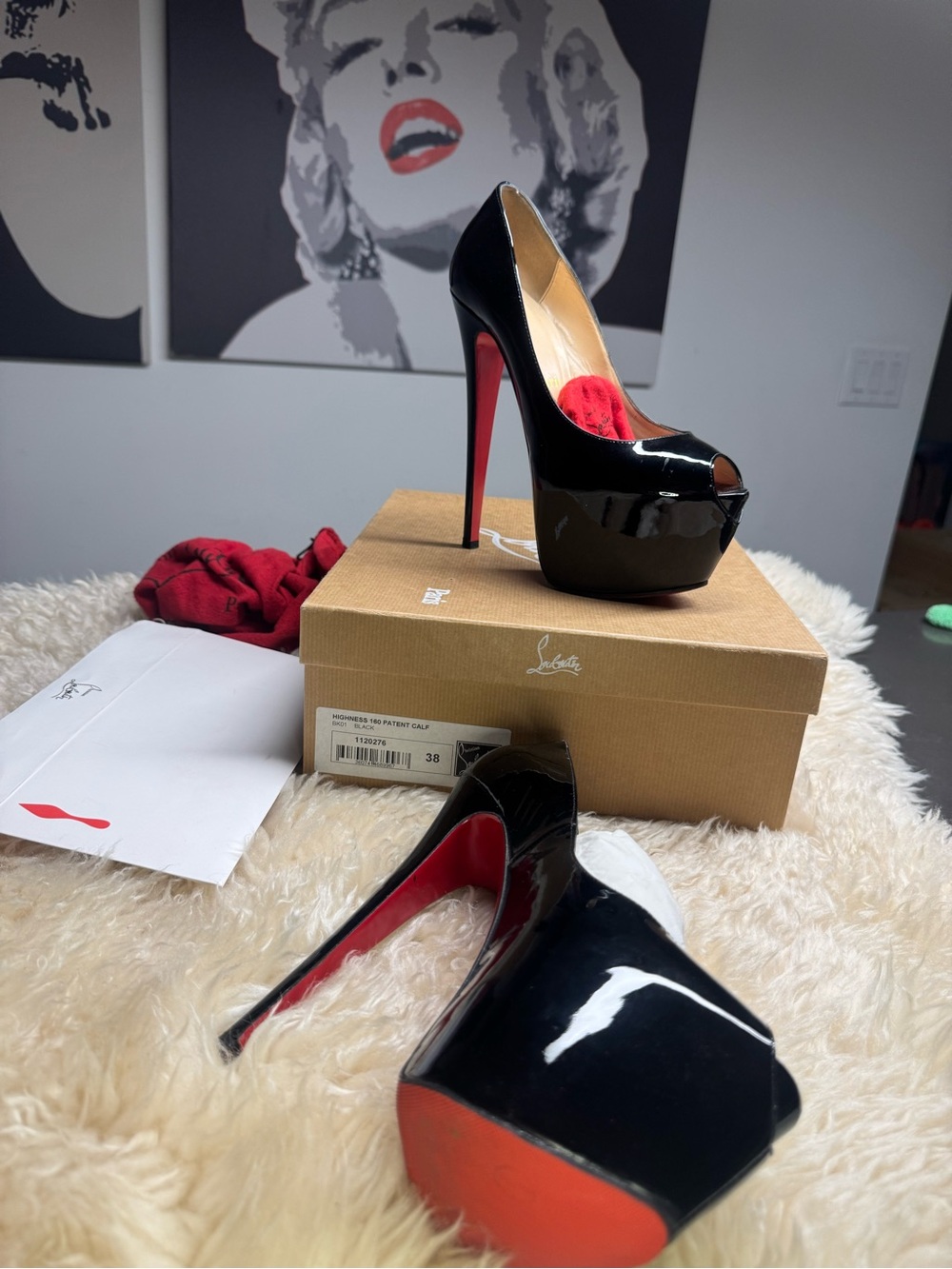 Christian Louboutin Black Patent Peep-Toe HIGHNESS Platform Pumps with Red Soles